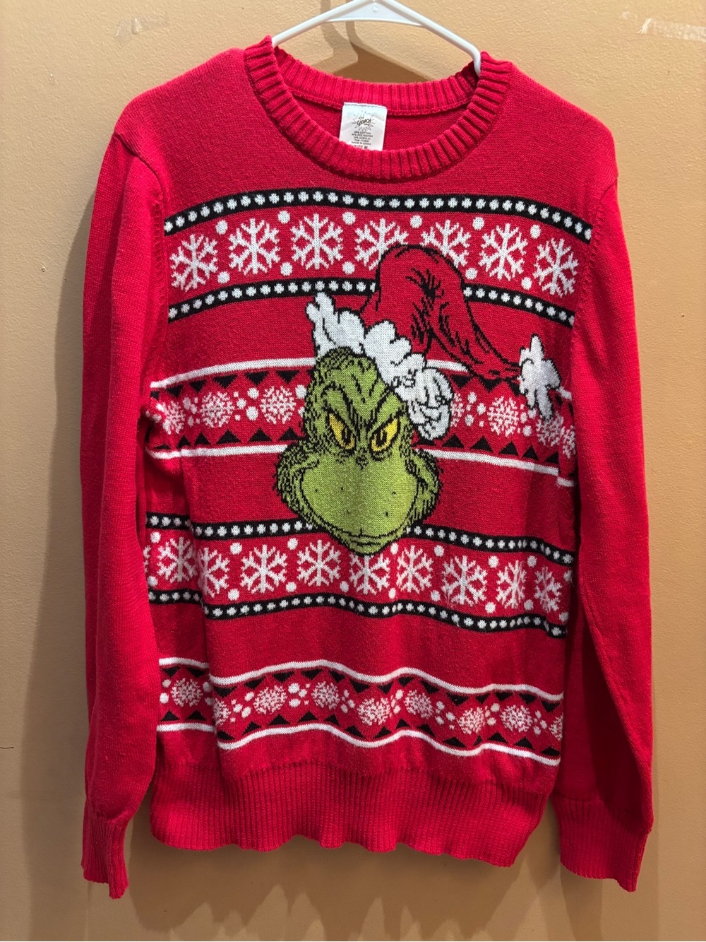 Dr. Seuss The Grinch Christmas sweater knitted graphic of the Grinch Medium